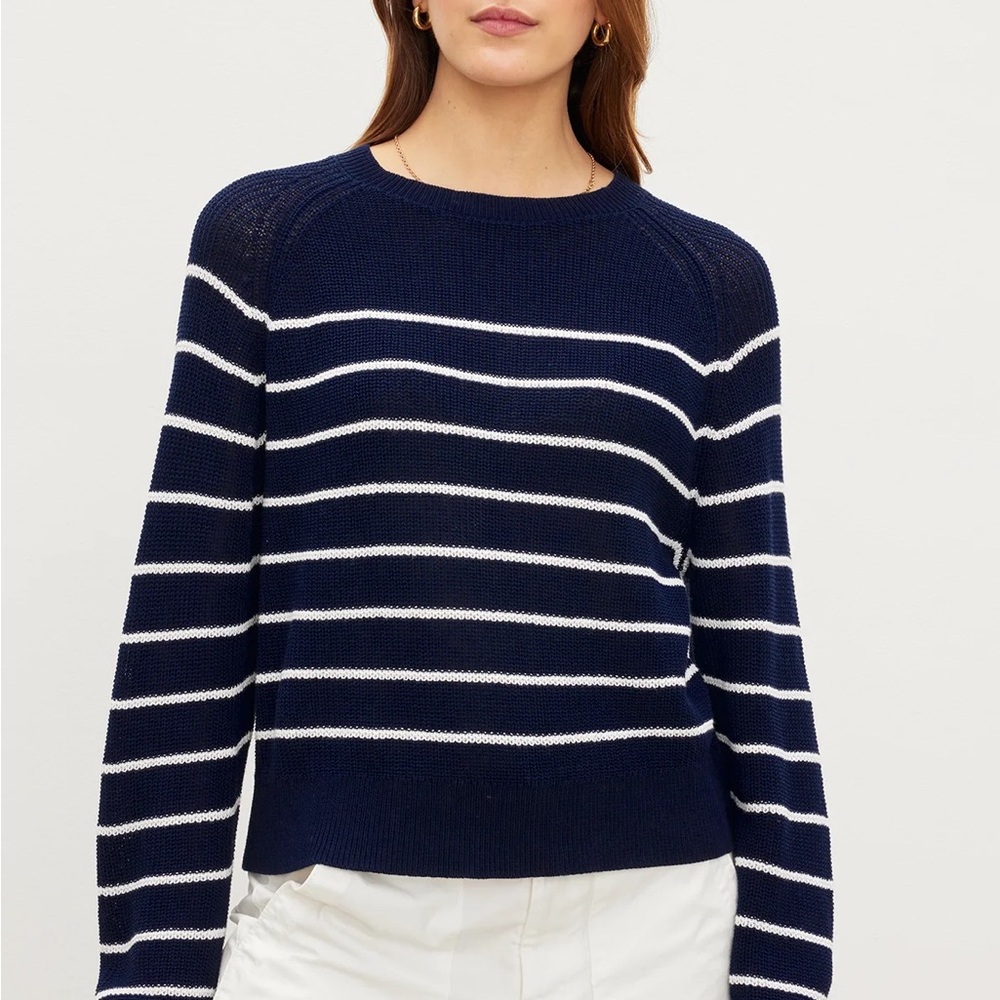 Velvet Navy and White Striped Crew Neck Sweater